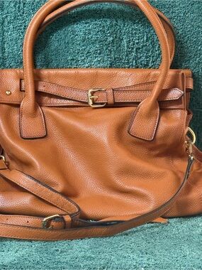 Women's Tan Pebbled Leather Shoulder Bag with Belt Detail